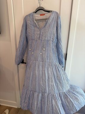 Oliphant Light Blue and White Tiered V-Neck Maxi Dress